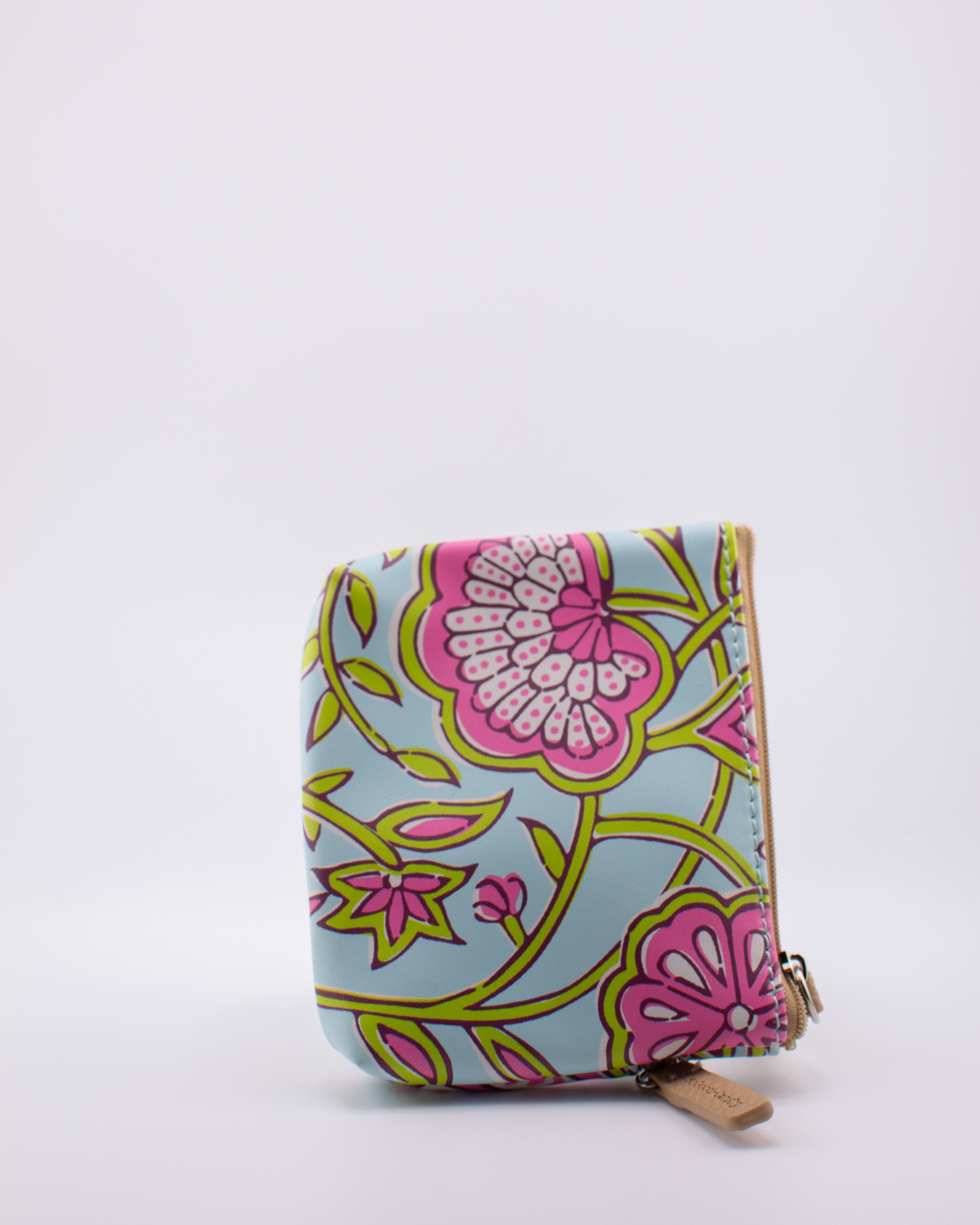 Floral patterned pouch with a zipper on a white background