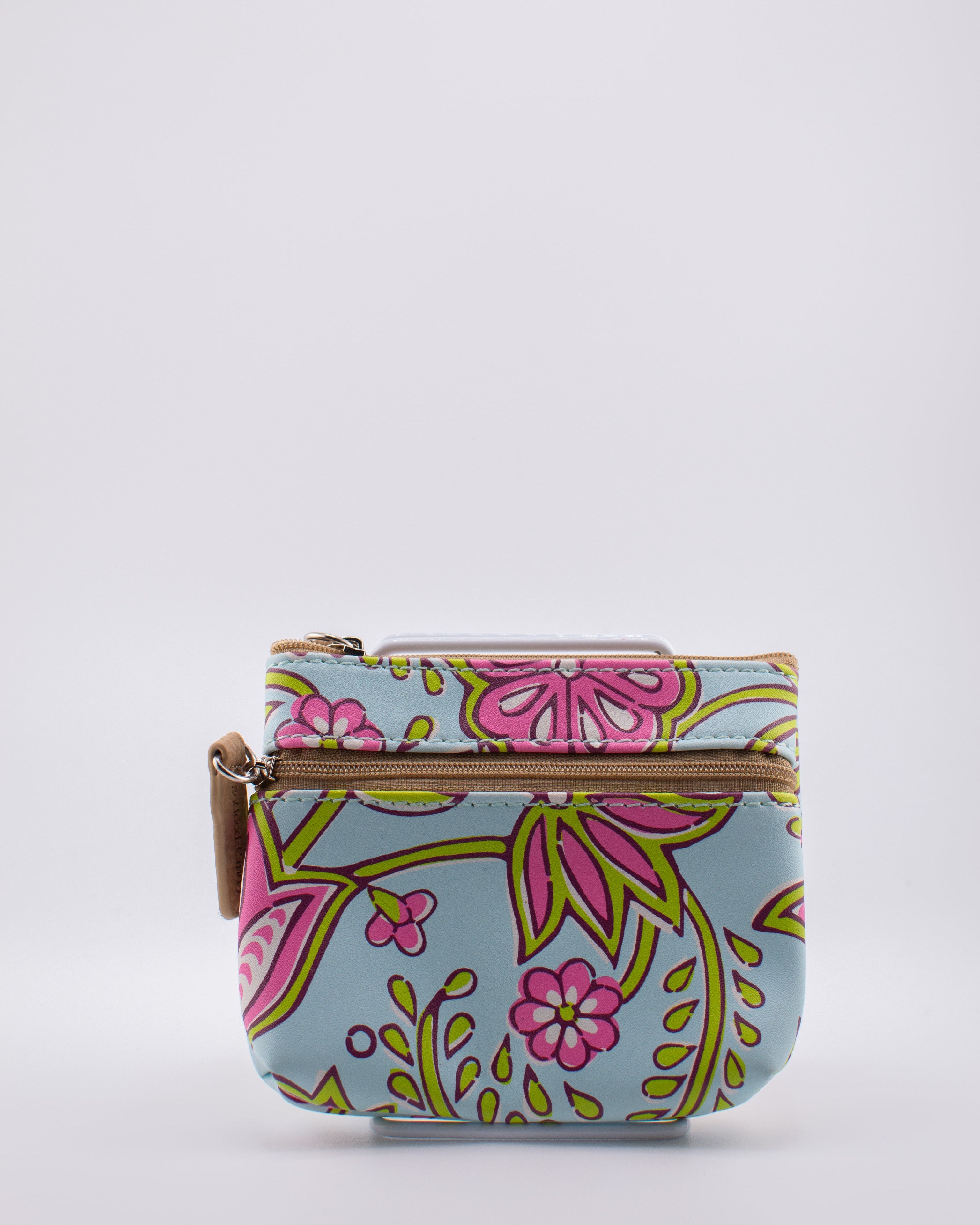 Floral patterned pouch with a zipper on a white background